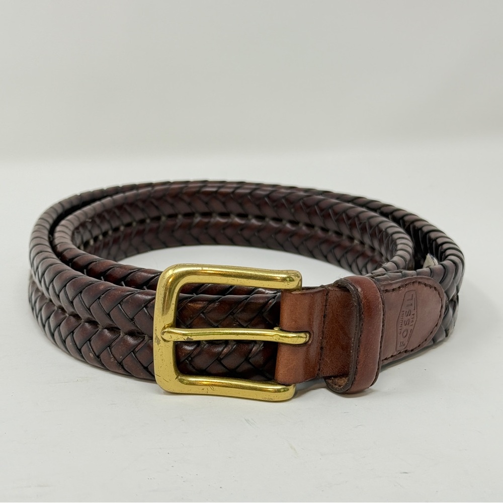 Fossil brown woven braided leather belt brass buckle unisex
